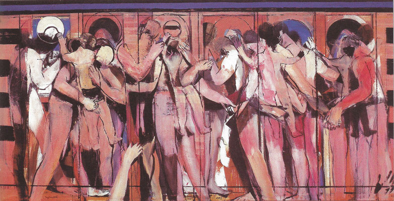Jungfrauen-Falle, 1992, Öl auf Leinwand, 140x280cm. Ausstellung "Kunstraum Kirche - Ein Experiment", 05. - 14.11.1993, Pfarrkirche St. Norbert, Innsbruck