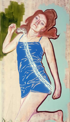 Regine, 2024, Acryl, Pastell und Sprühfarbe auf Leinwand, 130 x 90 cm