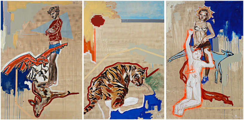 The Law of the Jungle I-III (Triptychon), 2020, Mischtechnik auf Leinwand, je 180 x 120 cm