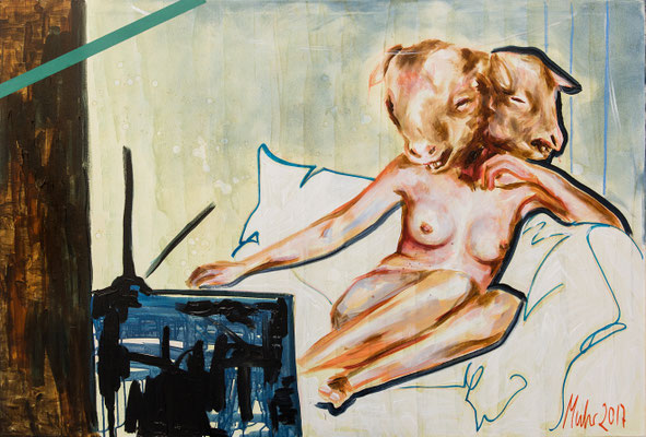 Nolens volens (Reality show), 2017, Mischtechnik auf Leinwand, 100 x 140 cm (Foto: Matthias Weich)