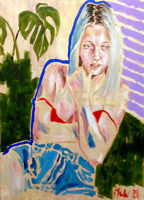 The green sofa, 2021, Mischtechnik auf Leinwand, 140 x 100 cm