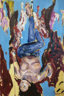 Hangin', 2016, Acryl, Öl und Wachs auf Leinwand, 150 x 100 cm (Foto: Hana Abel)