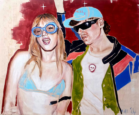 Unterm Kreuz (Schwesti + Brudi), 2024, Acryl, Pastell, Sprühfarbe und Collage auf Leinwand, 120 x 140 cm