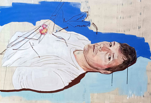 From Paris with love, 2024, Acryl, Pastell und Ölkreide auf Leinwand, 90 x 130 cm