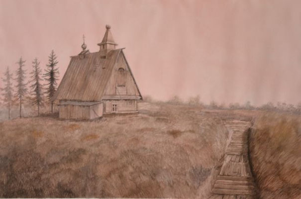 Haus im Feld - 35,5x54,5 cm
