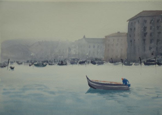 Boot fährt in den Hafen - 26,5x36 cm