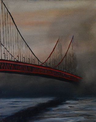 Brooklyn bridge in de nevel, olieverf, 40x50