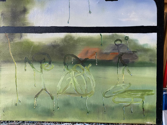 Lois tekent op beslagen raam, 40x50, niet te koop