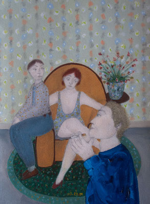 Portrait de famille au salon 2, huile sur papier 24x30cm