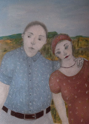 Portrait de famille avec paysage 1, huile sur papier 24x30cm