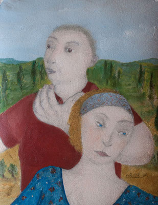 Portrait de famille avec paysage 5, huile sur papier 24x30cm