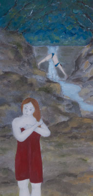 deux baigneuses à la cascade, huile sur papier 26x56 cm, oct 23, huile sur papier, nov 23