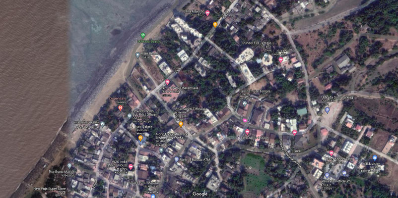 Aerial view of Udvada showing the temple by a 'pink' circle.