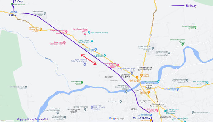 Map showing the Rail route from Metropalayam to Kalla. Map graphics by Anthony Zois.