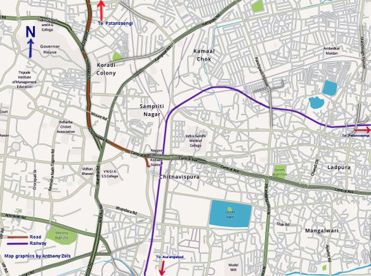 Nagpur map showing both the rail & road routes to Patansaongi & Waki.