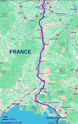 Marseilles to Lyon rail route. Map graphics by Anthony Zois.