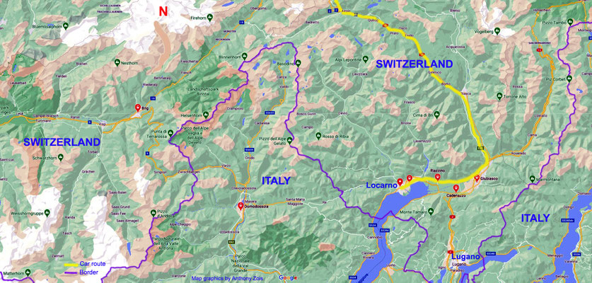 Map 1; Road route to Locarno from Zurich Airport.. Map graphics by Anthony Zois.