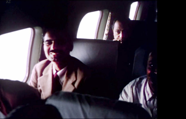 Meher Baba with Eruch Jessawala beside him and Dr. Nilu in the rear flying from Newark, NY to Wilmington NC., on this plane. Image captured from a film by Anthony Zois