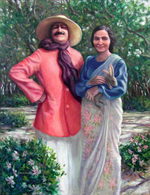 1994 : Baba and Mehera with Rabbit - Painted by Charlie Mills - Oil-52x40 - Courtesy of Caren Haas - http://www.millsstudio.com/