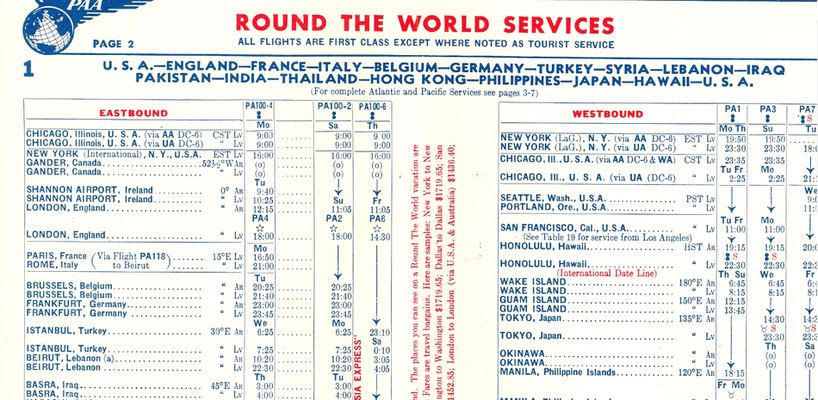 CLOSE UP OF THE 1952 PAN AM FLIGHT TIMETABLE BROCHURE