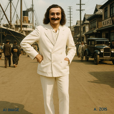 Meher Baba in Yokohama harbour, Japan in 1932. AI image produced by Anthony Zois.