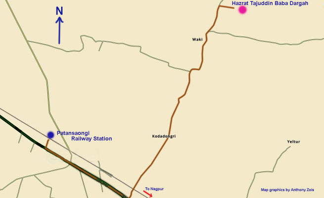 Map showing both the rail & road routes from Patansaongi to Tajuddin's Waki Dargah.