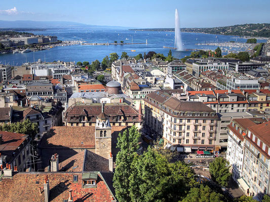 View OF Switzerland's Lake Geneva - tower, city & waterfronts