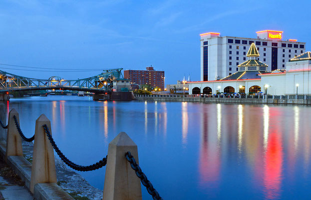 Harrahs Casino and the Cass Street Bridge at Twilight - Joliet,IL.