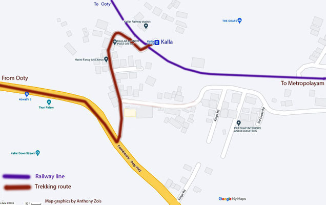 Map shows the trekking path Meher Baba took to Kalla Railway Station. Map graphics by Anthony Zois.