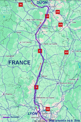 Lyon to Dijon rail route Map graphics by Anthony Zois.