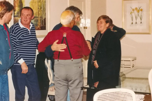 ( left ) ?, Karl Gallagher ( stripe top ), Bhau Kalchuri with John & Maria Parry 