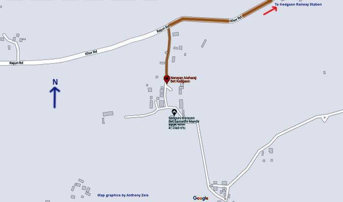 Map showing the closeup of the local road route to Narayan Maharaj's temple.