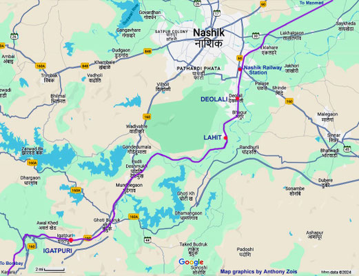 Map showing the train line from Nasik then onto Ugatpuri.