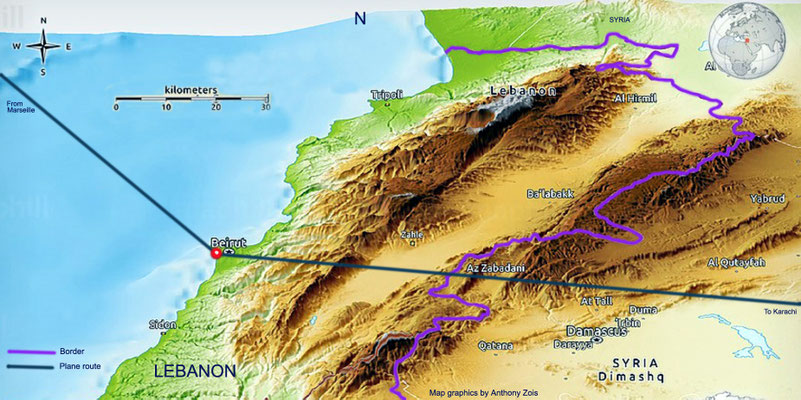 1952 : Plane route from Marseille to Beirut, then to Karachi. Map graphics by Anthony Zois.