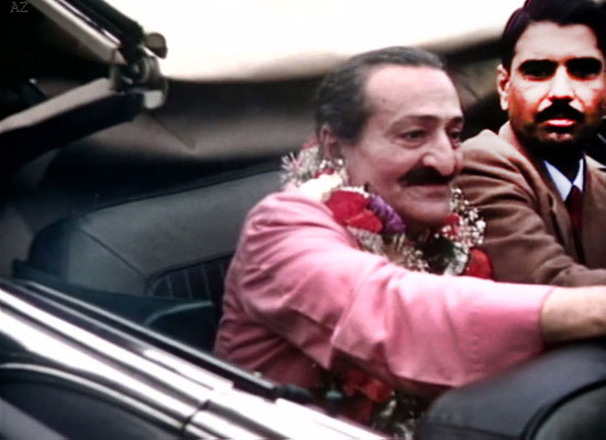 1956 ; Meher Baba and Eruch Jessawala  at Idlewild Airport, New York in the Florsheim's car having arrived from India & Europe.