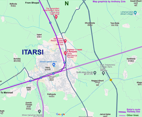 Greater Itarsi map showing Baba's train route. Map graphics by Anthony Zois.