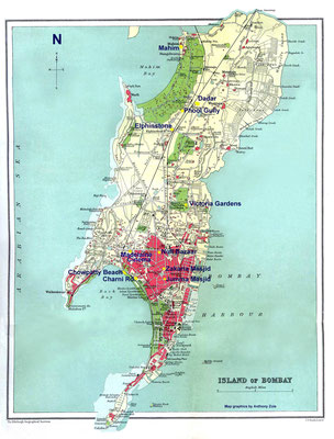 1920s Bombay map with Chowpatty Beach & Madelaine Cinema marked.