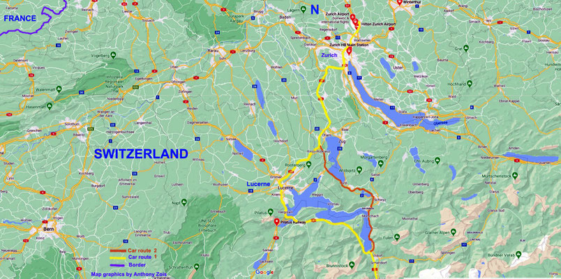 Map 1; Road route to Locarno from Zurich Airport.. Map graphics by Anthony Zois.