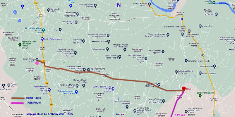 Close-up of the route from Poona to Sakori, by train and road. Map graphics by Anthony Zois.