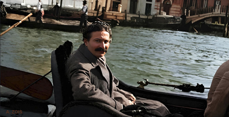 1932 April - Venice's canal, Italy. Meher Baba with his men Mandali. Image rendition by Anthony Zois. BP