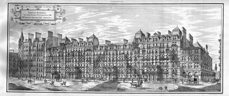 Princes Mansions - Victoria St Westminster. Courtesy of "The Builder" ( 1886)magazine Vol.51, p.232