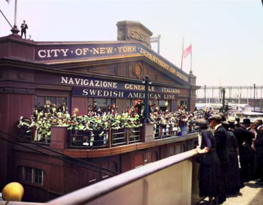 Pier 97 in the 1920s as seen from a ship. Photo by Arthur Vitols from collection of Museum of the City of New York. Image coloured by AZ.