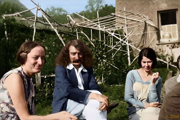 1931 : Meher Baba with Margaret Craske (left) and Kim Tolhurst at East Challacombe. Image rendition by Anthony Zois. BP