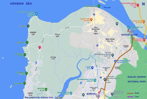 Map 2 : Borivali to Ghodbunder, by foot. Map graphics by Anthony Zois.