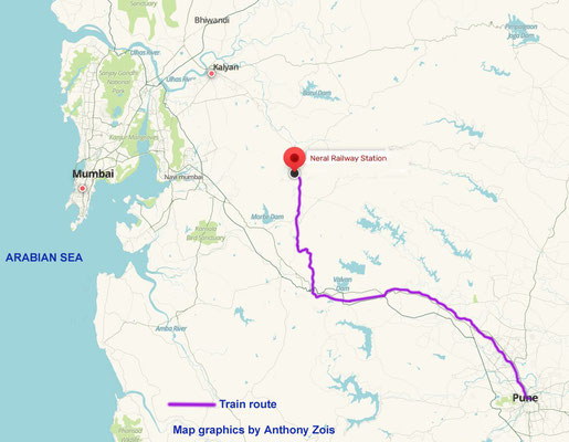 Map shows the train route from Poona ( Pune ) to Neral and back. Map graphics by Anthony Zois.