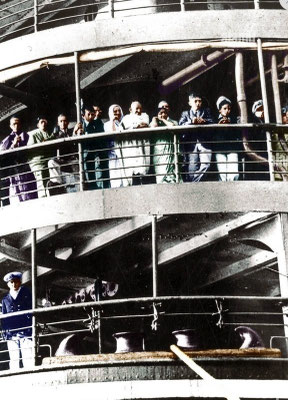 Mirabehn, Mahatma Gandhi and Sarojini Naidu on ship, Italy, December 14, 1931