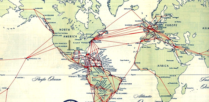 CLOSE UP OF THE 1952 PAN AM FLIGHT ROUTES