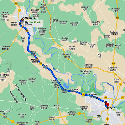 Agra to Mathura rail map.