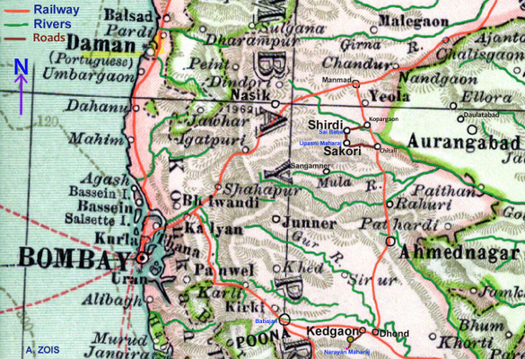 Map showing the train routes in Deccan area. Kedgaon R.Station & Narayan Maharaj's temple marked in lower right.