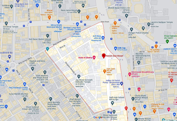 Bhendi Bazaar area map showing location of the mosque.